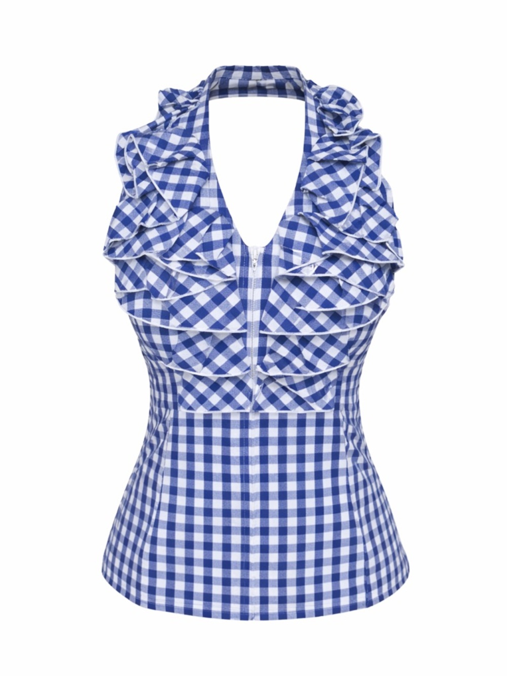Boston Proper Blue Gingham Ruffle Halter‎ Top Cottagecore Zip Chic Sz 12